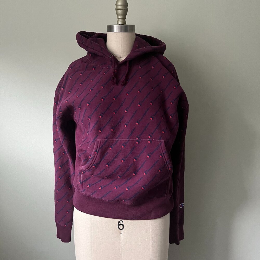 Champion Hoodie Adult Maroon Reverse Weave All Over Print Logo Streetwear M